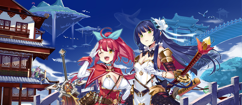 ;d absurdres ahoge animal architecture armor bangs bare_shoulders belt bird blue_hair bow breasts capelet choker covered_nipples day detached_collar east_asian_architecture elbow_gloves fantasy floating_island flower flying_whale frills gloves green_eyes hair_bow hair_flower hair_ornament highres isekai_karano_nono japanese_armor katana kikimi large_breasts long_hair looking_at_viewer miyu_(isekai_karano_nono) multiple_girls nono_(isekai_karano_nono) one_eye_closed open_mouth original red_hair ruri_(isekai_karano_nono) salute sheath sheathed sky smile sword utility_belt very_long_hair weapon whale white_gloves wind wings yellow_eyes