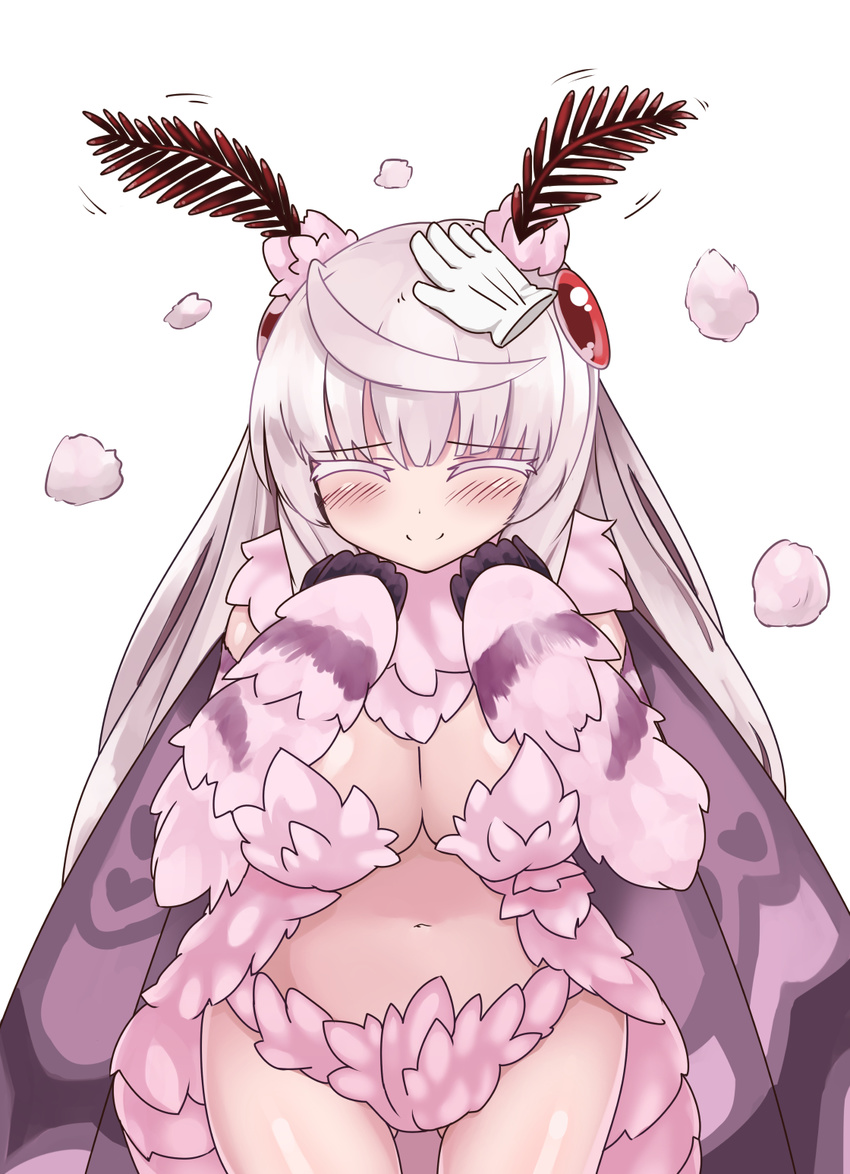 ^_^ ahoge antennae ass_visible_through_thighs blush breasts cleavage closed_eyes colored_eyelashes cowboy_shot cowfee disembodied_limb eyebrows_visible_through_hair fluffy fur happy highres insect_girl insect_wings large_breasts long_hair monster_girl monster_girl_encyclopedia moth_girl mothman_(monster_girl_encyclopedia) navel petting simple_background smile solo_focus white_background white_hair wings