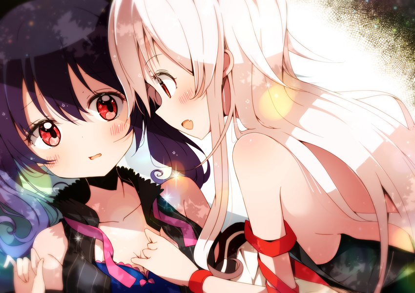 :d bangs bare_shoulders black_hair blue_bra blush bokkun_(doyagaobyo) bow bow_bra bra breasts chiya_(urara_meirochou) cleavage close-up collarbone diffraction_spikes dutch_angle eyebrows_visible_through_hair fang hair_between_eyes long_hair looking_at_another medium_breasts multiple_girls open_mouth parted_lips profile red_eyes sideboob sideways_mouth smile sparkle twintails underwear urara_meirochou wavy_mouth white_hair yukimi_koume yuri