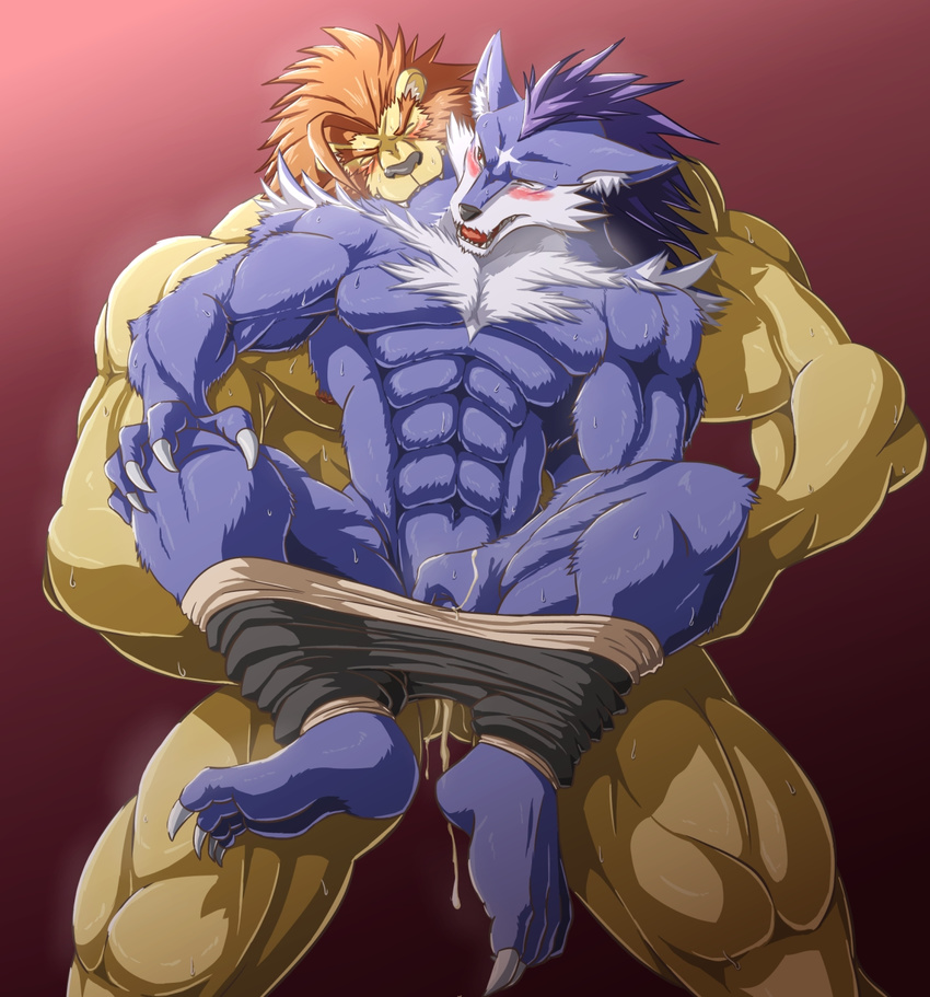 abs anthro blush burokuso canine clothed clothing cum feline lion male male/male mammal muscular muscular_male nude orgasm pants_down partially_clothed pecs penis shining_(series) shining_force shining_tears simple_background video_games wolf