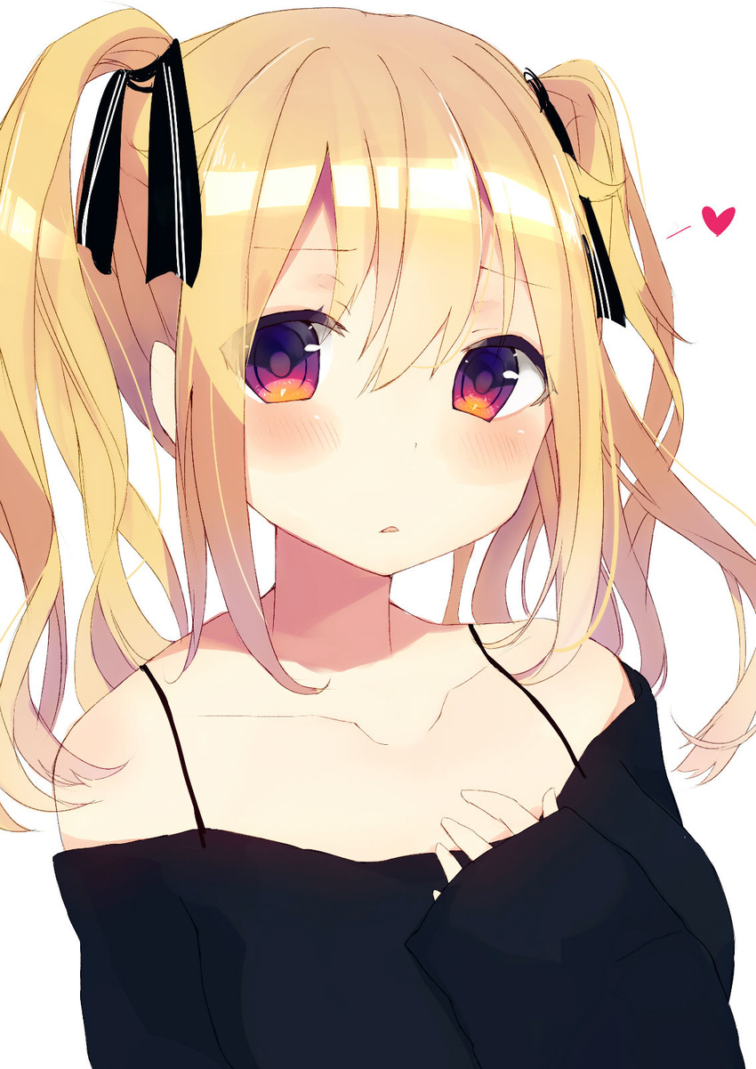 bangs bare_shoulders black_ribbon blush brown_eyes collarbone eyebrows_visible_through_hair gijxgij hair_between_eyes hair_ribbon hand_on_own_chest heart highres long_hair long_sleeves looking_at_viewer multicolored multicolored_eyes open_mouth original purple_eyes ribbon simple_background solo twintails upper_body white_background