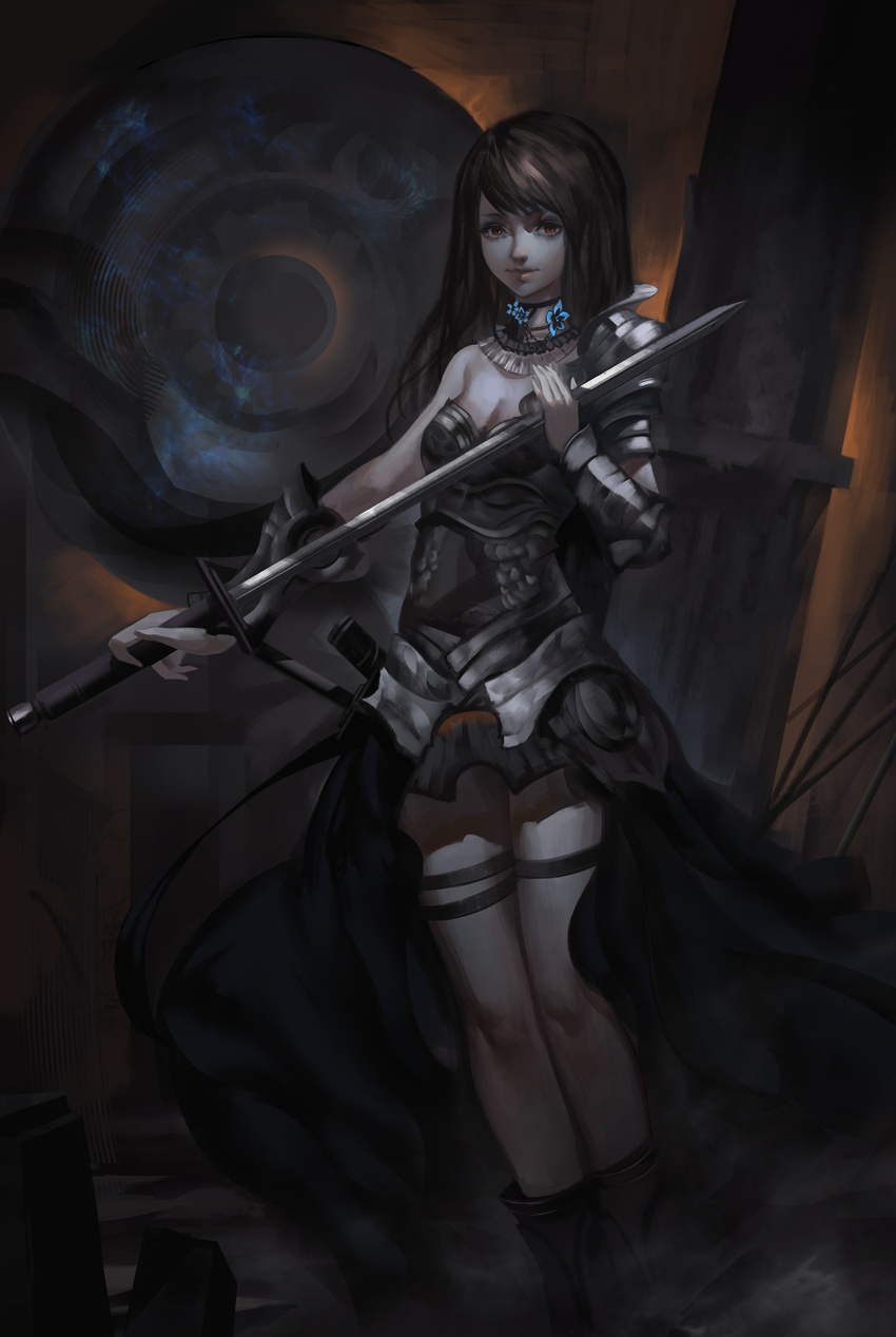 absurdres armor baka_(mh6516620) black_eyes black_hair black_skirt boots breasts choker cleavage highres holding holding_sword holding_weapon long_hair looking_at_viewer miniskirt original skirt small_breasts solo standing sword thigh_strap weapon