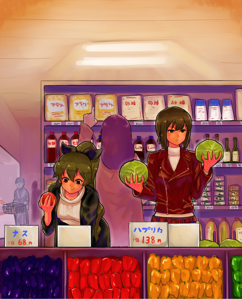 bell_pepper brown_hair cabbage commentary_request comparison girls_und_panzer highres jacket long_hair market multiple_girls nishizumi_maho pepper ponytail shopping short_hair sitirouta_t sweater turtleneck turtleneck_sweater