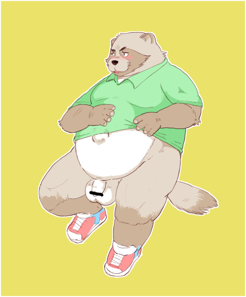 2019 anthro balls belly big_balls blush canid canine clothing f_win flaccid humanoid_hands humanoid_penis male mammal navel overweight overweight_male penis raccoon_dog shirt simple_background solo tanuki