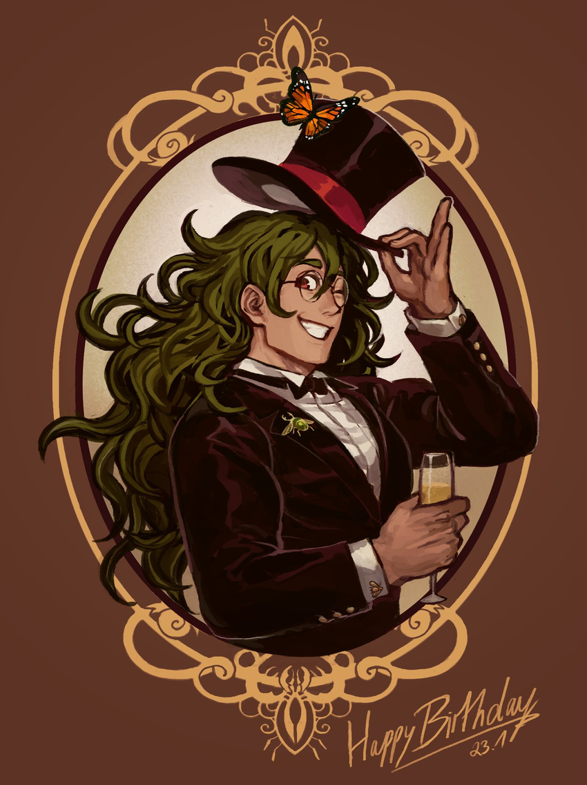 ;) alcohol ballooncar beetle bow bowtie bug butterfly champagne champagne_flute cup danganronpa dark_skin dark_skinned_male dated drinking_glass glasses gokuhara_gonta green_hair grin happy_birthday hat highres insect jacket jewelry long_hair looking_at_viewer male_focus monarch_butterfly new_danganronpa_v3 one_eye_closed profile red_eyes round_eyewear smile solo top_hat tuxedo