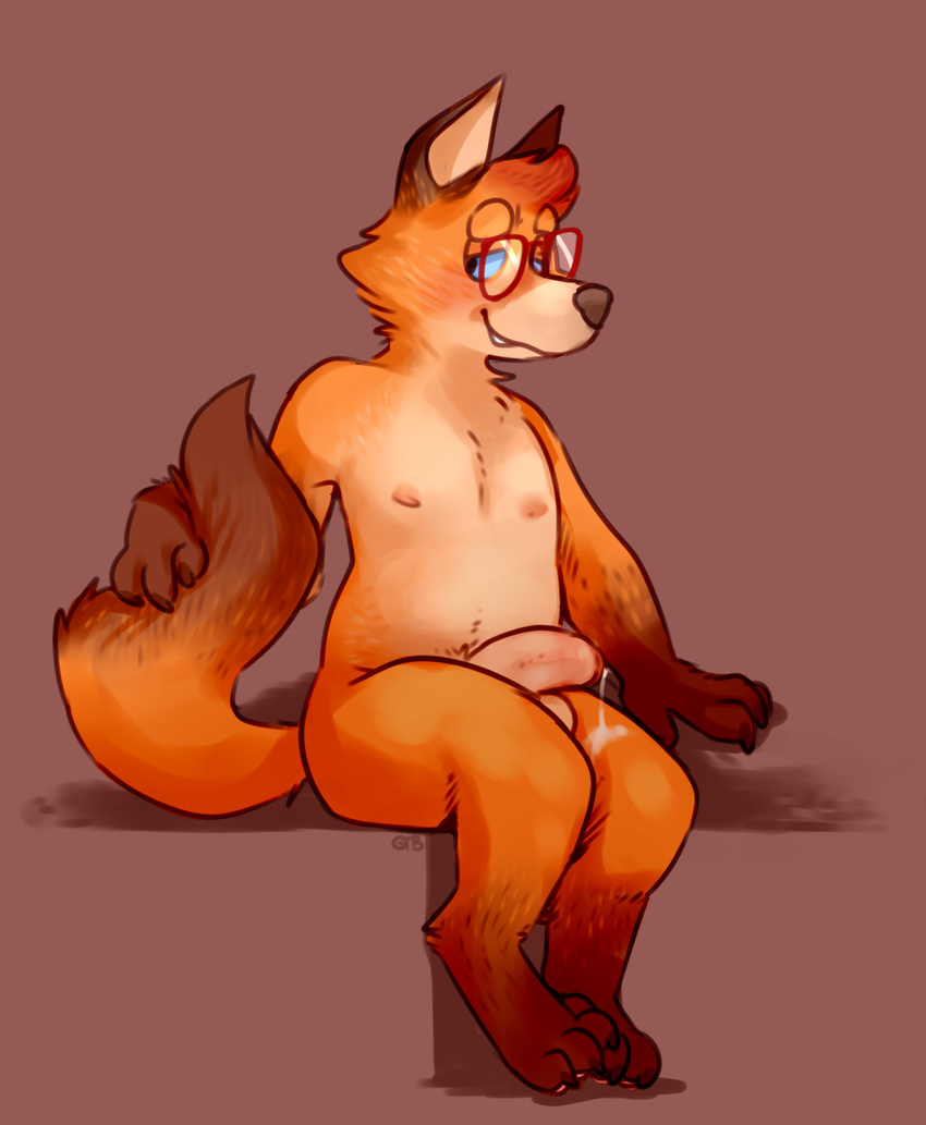balls barefoot blush canine digitigrade erection eyewear fluffy fluffy_tail fox glasses glitter_trap_boy holding_tail looking_at_viewer male mammal navel nipples nude penis precum_string shy signature sitting solo uncut