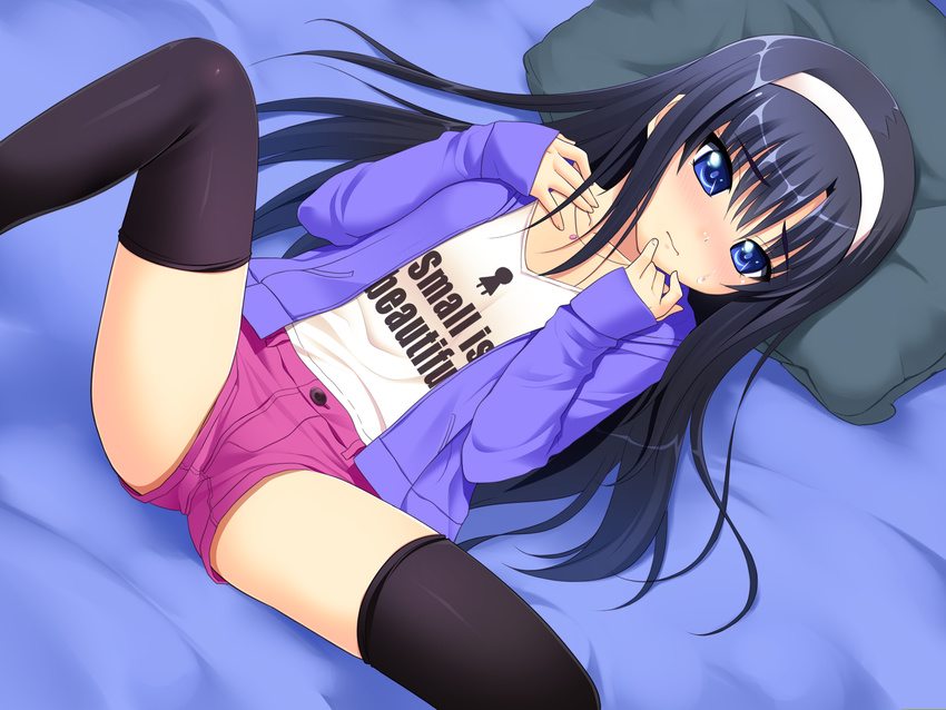 1girl bangs black_hair black_legwear blue_eyes child closed_mouth collarbone dutch_angle embarrassed female game_cg hairband inagaki_sae jacket long_hair long_sleeves lying necklace nonohara_miki on_back pillow shirt shorts shoujo_kyouiku solo spread_legs