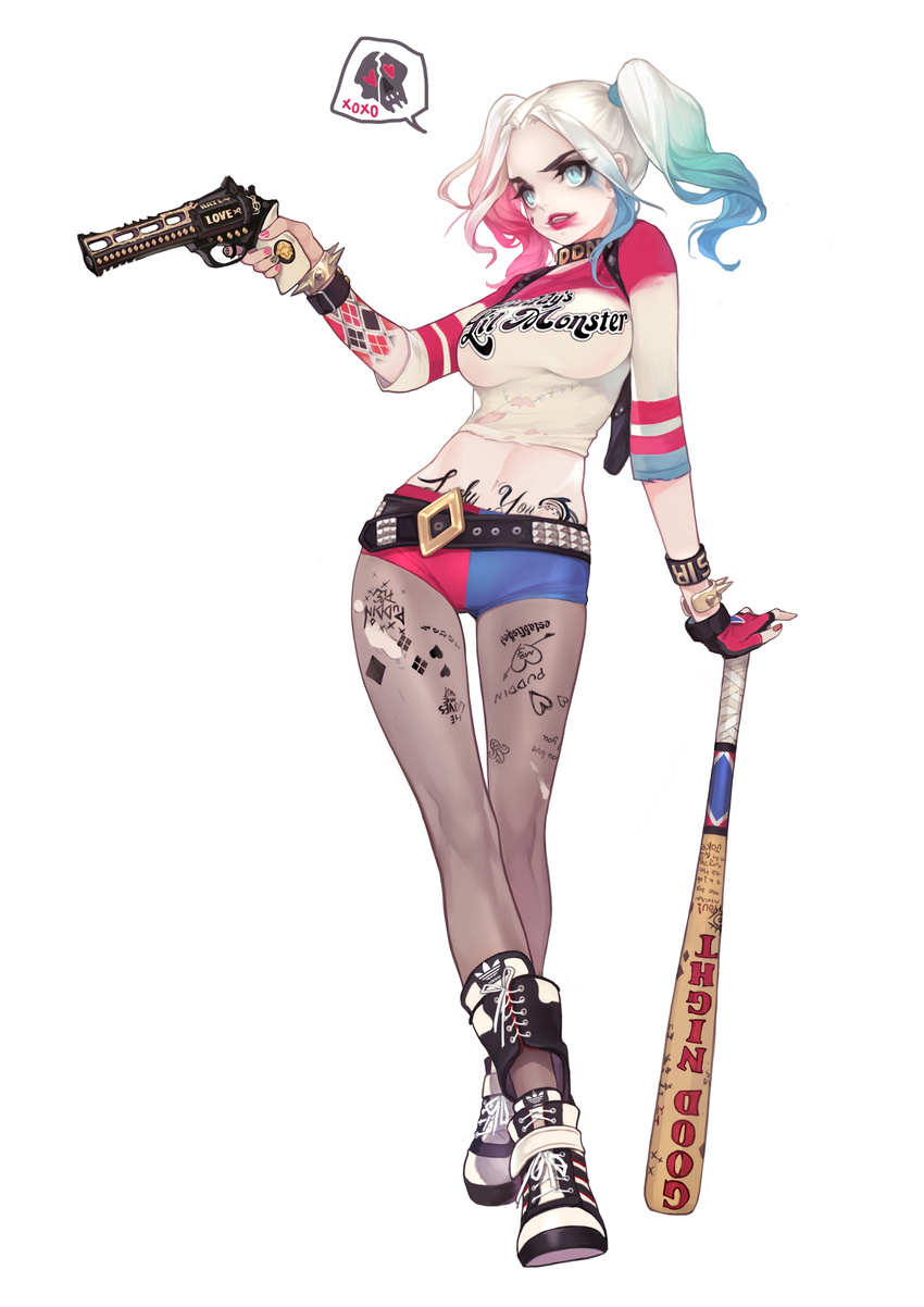 absurdres blonde_hair blue_hair breasts chiappa_rhino dc_comics full_body gun handgun harley_quinn highres medium_breasts multicolored_hair olivia_(yh) pantyhose pantyhose_under_shorts pink_hair revolver short_shorts shorts simple_background solo spoken_skull suicide_squad thighs torn_clothes torn_legwear weapon white_background