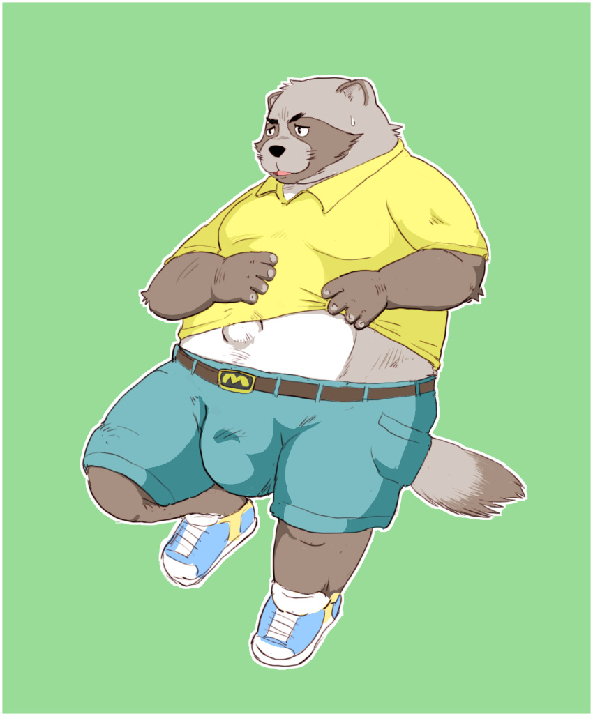 2019 anthro belly black_nose bulge canid canine clothing f_win green_background humanoid_hands male mammal navel overweight overweight_male pants raccoon_dog shirt shorts simple_background solo tanuki