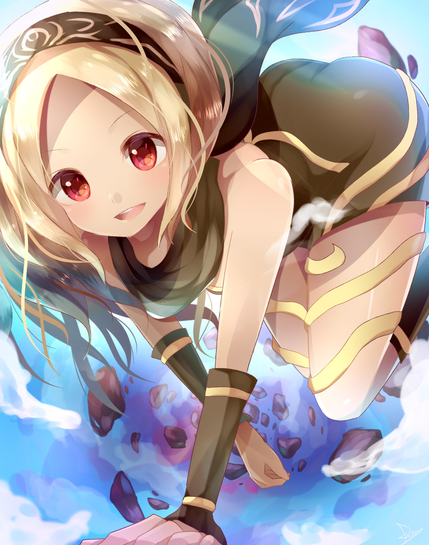 :d ass bare_shoulders blonde_hair blue_sky cloud dark_skin day dress floating gravity_daze hairband highres kitten_(gravity_daze) long_hair open_mouth red_eyes rock rushin scarf sky smile solo strapless strapless_dress vambraces