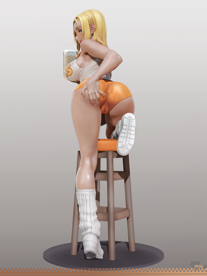 3d :q alcohol ass back bare_shoulders beer beer_mug blonde_hair blue_eyes blush borrowed_character breasts cameltoe cup dark_skin delightfully_fuckable_and_unrefined!! fat_mons full_body hand_on_ass highres holding holding_cup hooters large_breasts leslyzerosix long_hair loose_socks mari_(delightfully_fuckable_and_unrefined!!) no_legwear shorts sleeveless smile socks solo tongue tongue_out white_legwear