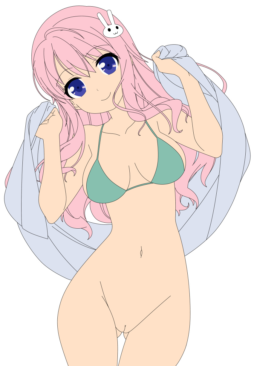 1girl absurdres artist_request baka_to_test_to_shoukanjuu bangs blue_eyes bottomless breasts female groin hair_ornament hairclip highres himeji_mizuki hip_focus legs long_hair looking_at_viewer medium_breasts navel pink_hair smile solo standing thighs transparent_background vector_trace