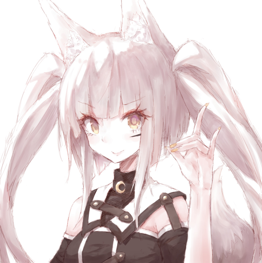 &gt;:) 1girl animal_ear_fluff animal_ears bangs black_jacket blush breasts brown_eyes buran_(kure) closed_mouth crescent crescent_moon_pin eyebrows_visible_through_hair fingernails fox_ears fox_girl fox_shadow_puppet fox_tail highres jacket light_brown_hair long_hair medium_breasts nail_polish orange_nails original sidelocks simple_background smile solo tail tail_raised twintails upper_body v-shaped_eyebrows white_background