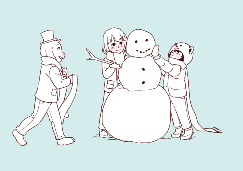 asriel_dreemurr blush boss_monster caprine chara_(undertale) child goat hat human mammal protagonist_(undertale) rinamay scarf simple_background snow snowman top_hat undertale video_games young