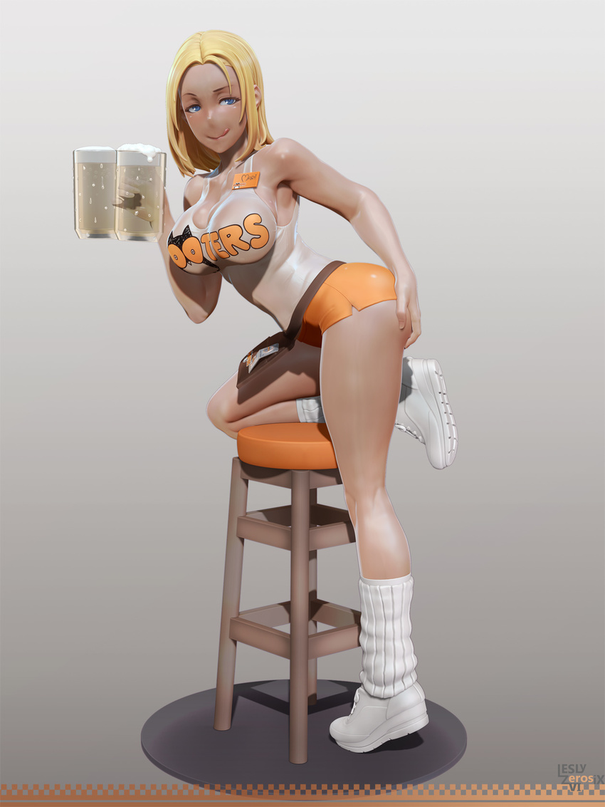 3d :q alcohol bare_shoulders beer beer_mug blonde_hair blue_eyes borrowed_character breasts cup dark_skin delightfully_fuckable_and_unrefined!! full_body hand_on_ass highres holding holding_cup hooters large_breasts leslyzerosix long_hair looking_at_viewer loose_socks mari_(delightfully_fuckable_and_unrefined!!) name_tag no_legwear shorts sleeveless smile socks solo tongue tongue_out uniform white_legwear