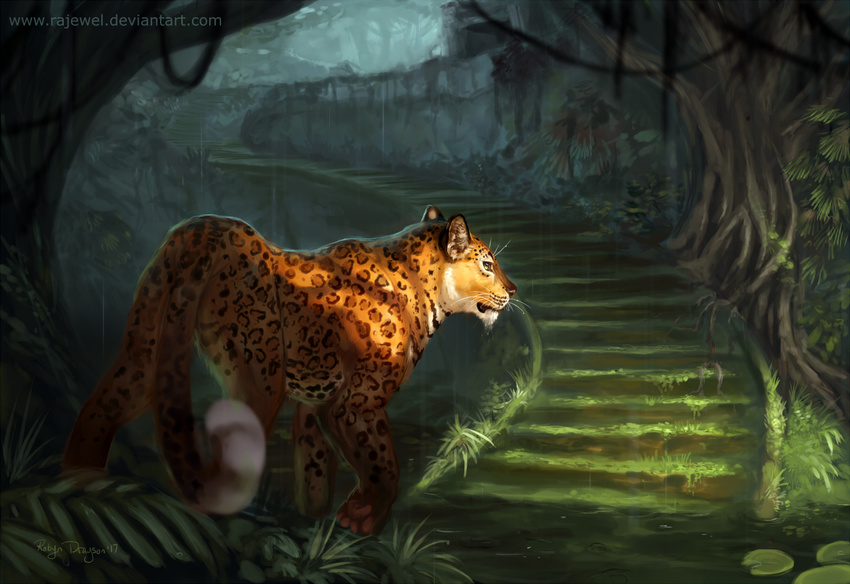 2017 ambiguous_gender detailed_background feline feral fur jaguar mammal nude orange_fur pawpads paws rhyu solo spotte_fur standing whiskers