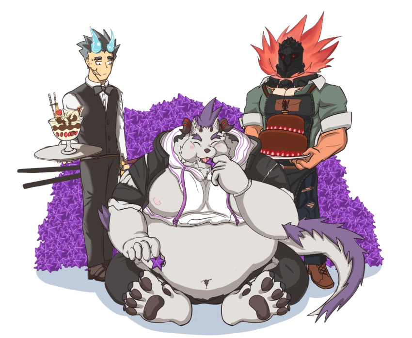 2019 anthro behemoth_(housamo) belly cake clothing eating eyes_closed food group horn human humanoid_hands male mammal melee_weapon monster moobs muscular navel nipples overweight overweight_male pants shirt sitting sword tokyo_afterschool_summoners video_games weapon zenoxdeper