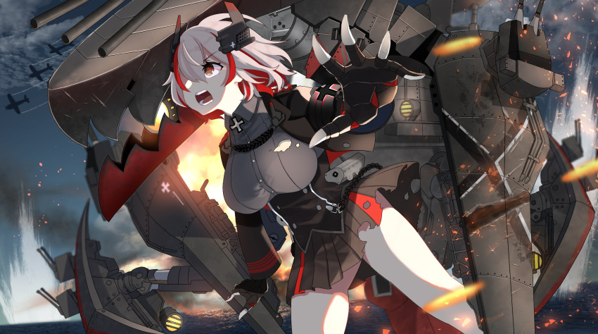 1girl aircraft airplane angry azur_lane bangs blonde_hair breasts brown_eyes commentary eyebrows_visible_through_hair hair_between_eyes headgear highres iron_cross jacket large_breasts long_sleeves multicolored_hair ocean open_mouth red_hair rigging roon_(azur_lane) sanba_tsui short_hair skirt solo streaked_hair torn_clothes