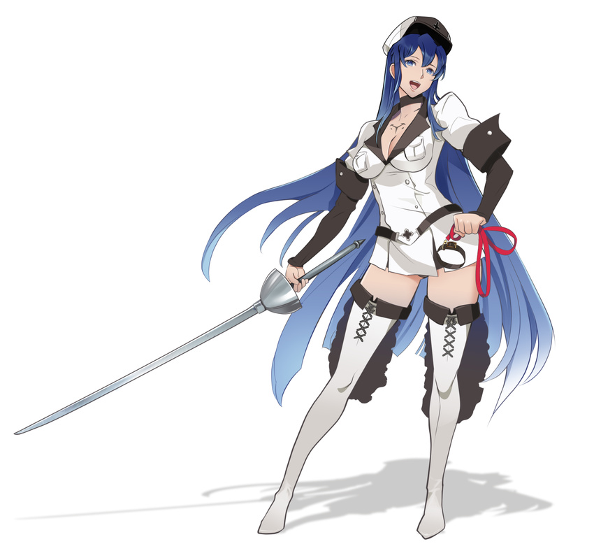 :d akame_ga_kill! blue_eyes blue_hair boots breasts cleavage collar esdeath full_body gradient_hair hat highres holding_leash large_breasts leash long_hair mikazuki_shigure military military_uniform multicolored_hair open_mouth peaked_cap smile solo sword thigh_boots thighhighs uniform very_long_hair weapon white_background white_footwear white_legwear zettai_ryouiki