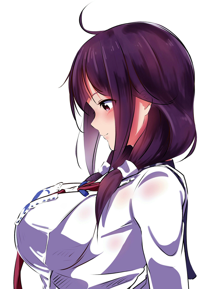 ahoge apron between_breasts blush breasts eyebrows_visible_through_hair eyes_visible_through_hair from_side highres kantai_collection large_breasts long_hair looking_at_breasts necktie necktie_between_breasts profile purple_hair red_eyes shirt simple_background solo taigei_(kantai_collection) tatsu_shinomu twintails whale white_background white_shirt