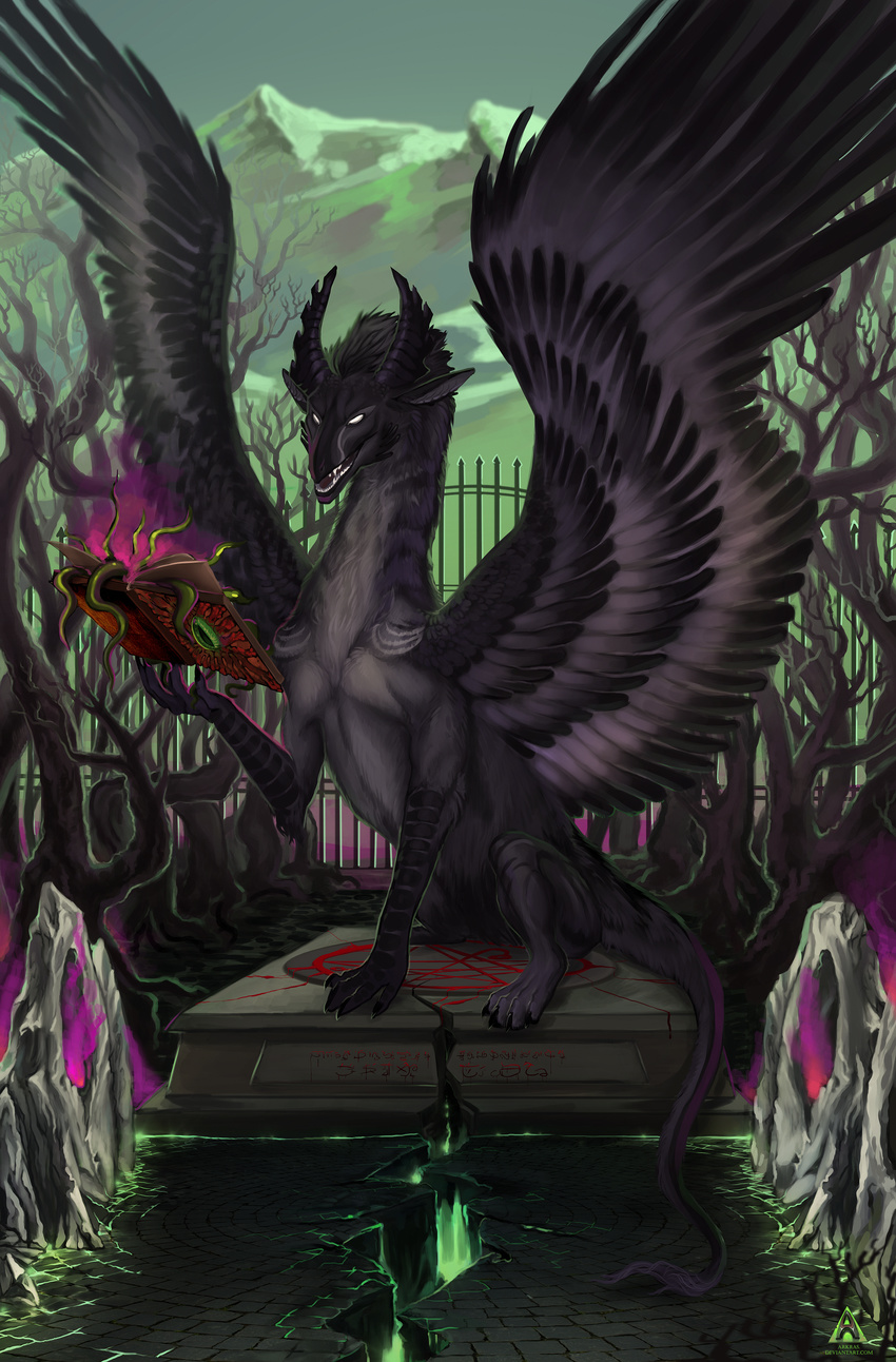 4_toes baphometall black_feathers black_fur book day detailed_background digital_media_(artwork) dragon feathered_dragon feathered_wings feathers feral fur furred_dragon nude open_mouth outside sitting solo teeth toes tongue white_eyes wings
