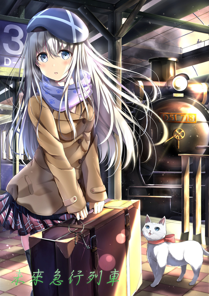 bangs beret black_legwear blue_eyes blue_scarf blush brown_coat brown_skirt cat coat commentary_request hair_between_eyes hat highres holding key keyring light_rays locomotive long_hair looking_at_viewer luggage original parted_lips paw_print pleated_skirt scarf silver_hair skirt solo standing steam_locomotive suitcase sunbeam sunlight thighhighs train_station yukimochi_kinako