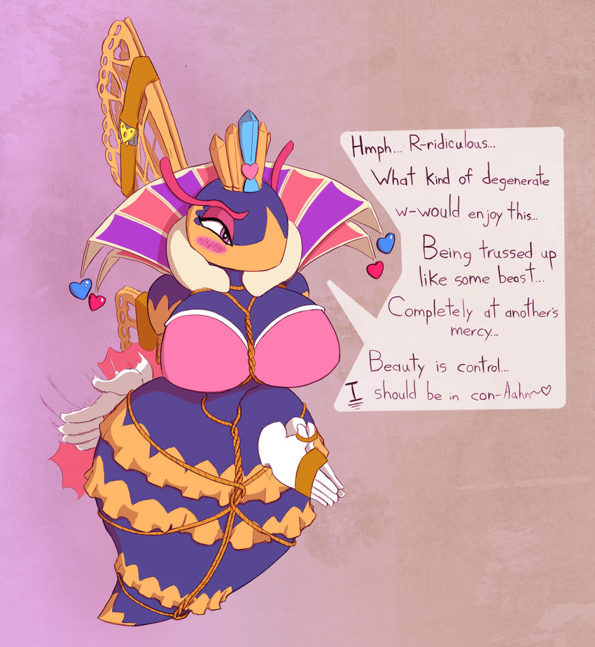 &lt;3 anthro arthropod bdsm bee big_breasts blush bondage bound breasts colored english_text female hi_res insect kirby_(series) nintendo queen_sectonia simple_background solo spanking text unknown_artist video_games