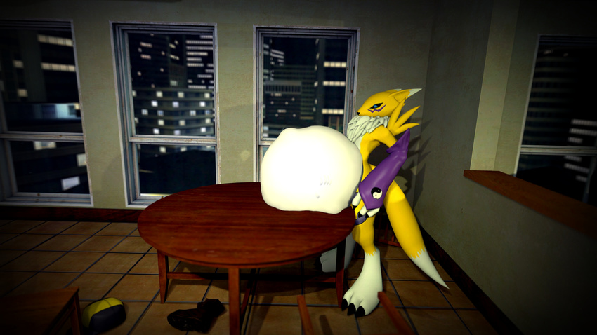 3d_(artwork) 99ultra ambiguous_gender anthro backpack belly big_(disambiguation) big_belly bulge bulging_(disambiguation) canine city digimon digital_media_(artwork) dinner garry's_mod invalid_tag male male/ambiguous mammal model nom oral_vore overweight pose post post_vore renamon scene shadow soft soft_vore standing supper table tiled_floor vore