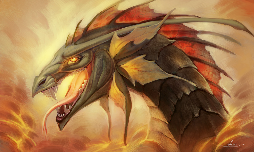 baphometall digital_media_(artwork) dragon feral headshot open_mouth scales smile solo spines teeth tongue yellow_eyes