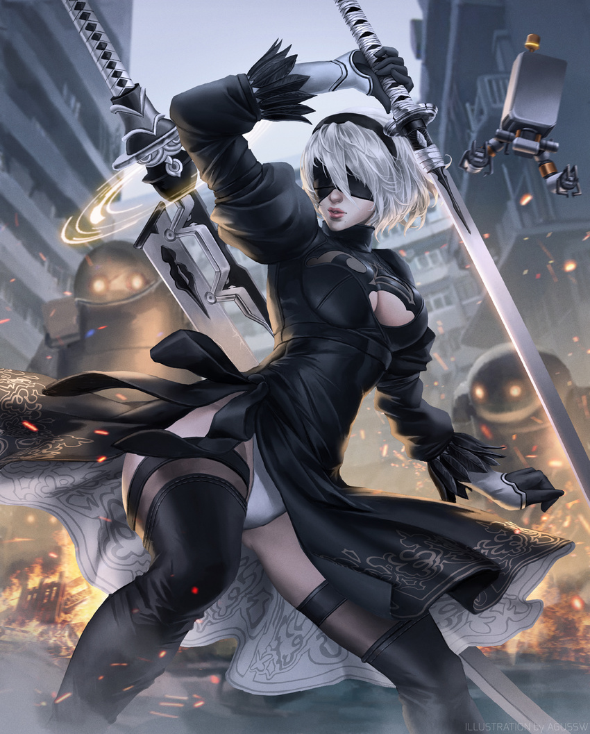 agus_sw artist_name black_dress black_footwear black_gloves black_hairband black_legwear black_ribbon blindfold boots breasts building cleavage cleavage_cutout covered_eyes cowboy_shot dress drone explosion floating gloves hairband hands_up highleg highleg_leotard highres holding holding_sword holding_weapon juliet_sleeves katana leotard lips long_sleeves machinery medium_breasts mole mole_under_mouth nier_(series) nier_automata nose outdoors parted_lips pink_lips pod_(nier_automata) puffy_sleeves ribbon robot short_dress short_hair side_slit silver_hair solo sword thigh_boots thighhighs turtleneck vambraces weapon weapon_on_back white_hair white_leotard yorha_no._2_type_b