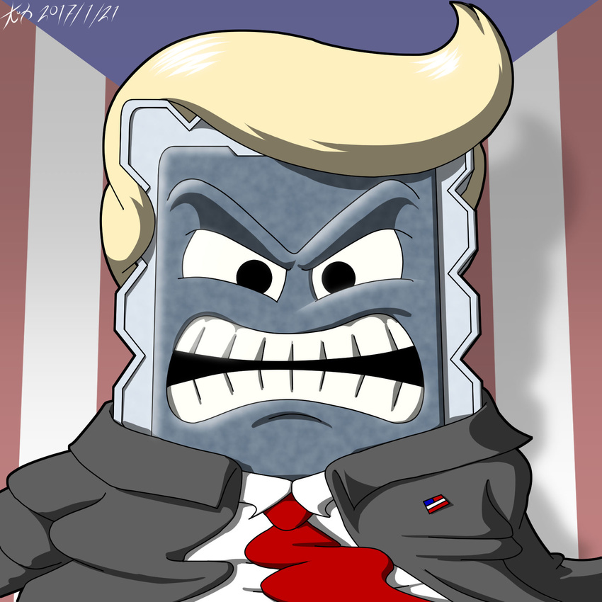 angry close-up clothed clothing donald_trump hair kitsoone looking_at_viewer male mario_bros necktie nintendo not_furry open_mouth president rock solo squint suit teeth thwomp video_games