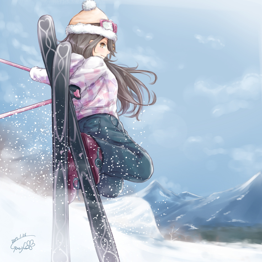 2017 alternate_costume black_hair coat commentary_request dated day gloves goggles goggles_on_head gurifu haruna_(kantai_collection) hat kantai_collection long_hair long_sleeves looking_at_viewer outdoors signature ski_boots skiing skis sky snow solo winter_clothes