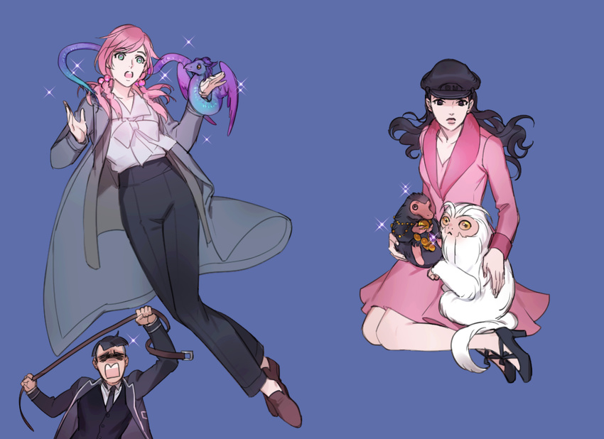 2girls aqua_eyes belt black_eyes black_hair braid coat credence_barebone crossover demiguise dragon dress fantastic_beasts_and_where_to_find_them hat higashikata_joushuu hirose_yasuho jojo_no_kimyou_na_bouken jojolion multiple_girls necktie niffler nijimura_kyou occamy open_mouth parody pink_dress pink_hair reammara sitting sparkle yokozuwari