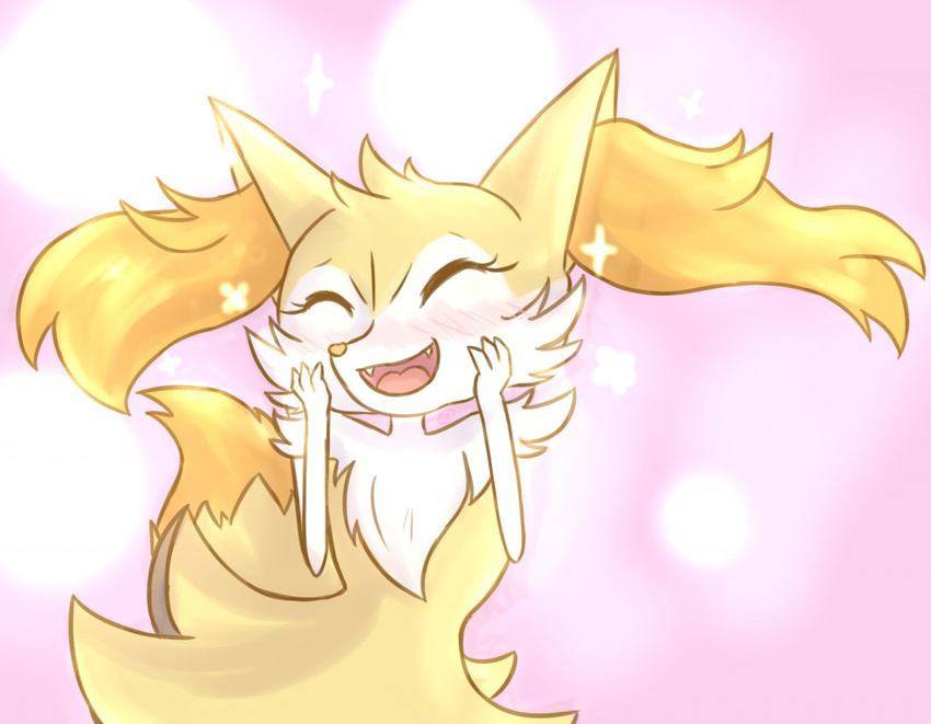2017 ambiguous_gender blush braixen canine cute eyes_closed fox fur mammal nintendo nude open_mouth pink_background pok&eacute;mon red_fur simple_background smile solo teeth tongue tuft unknownlifeform video_games white_fur yellow_fur
