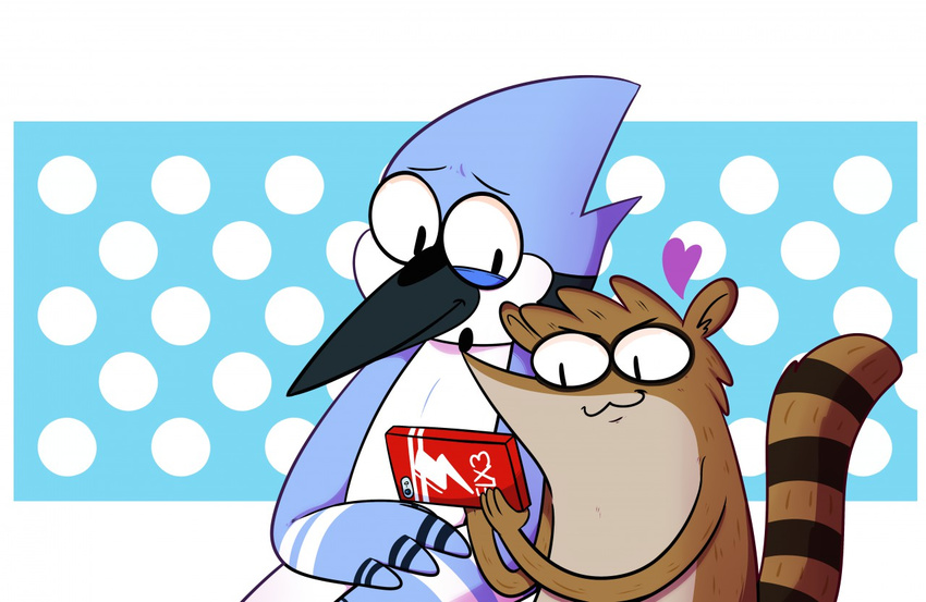 &lt;3 2016 :3 avian babynarwhal bird cartoon_network cellphone duo male mammal mordecai_(regular_show) phone raccoon regular_show rigby_(regular_show) smile