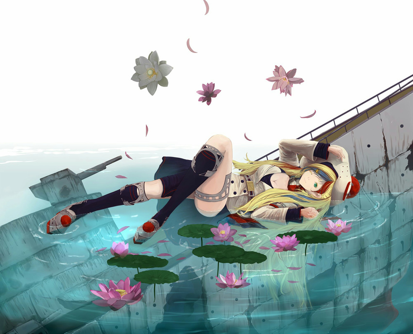 afloat aqa belt beret blonde_hair blue_dress blue_eyes blue_hair breasts commandant_teste_(kantai_collection) damaged double-breasted dress flower hair_ornament hat highres jacket kantai_collection large_breasts lily_pad loafers long_hair looking_at_viewer multicolored_hair partially_immersed pom_pom_(clothes) red_hair scarf shoes smile socks solo streaked_hair water white_hair