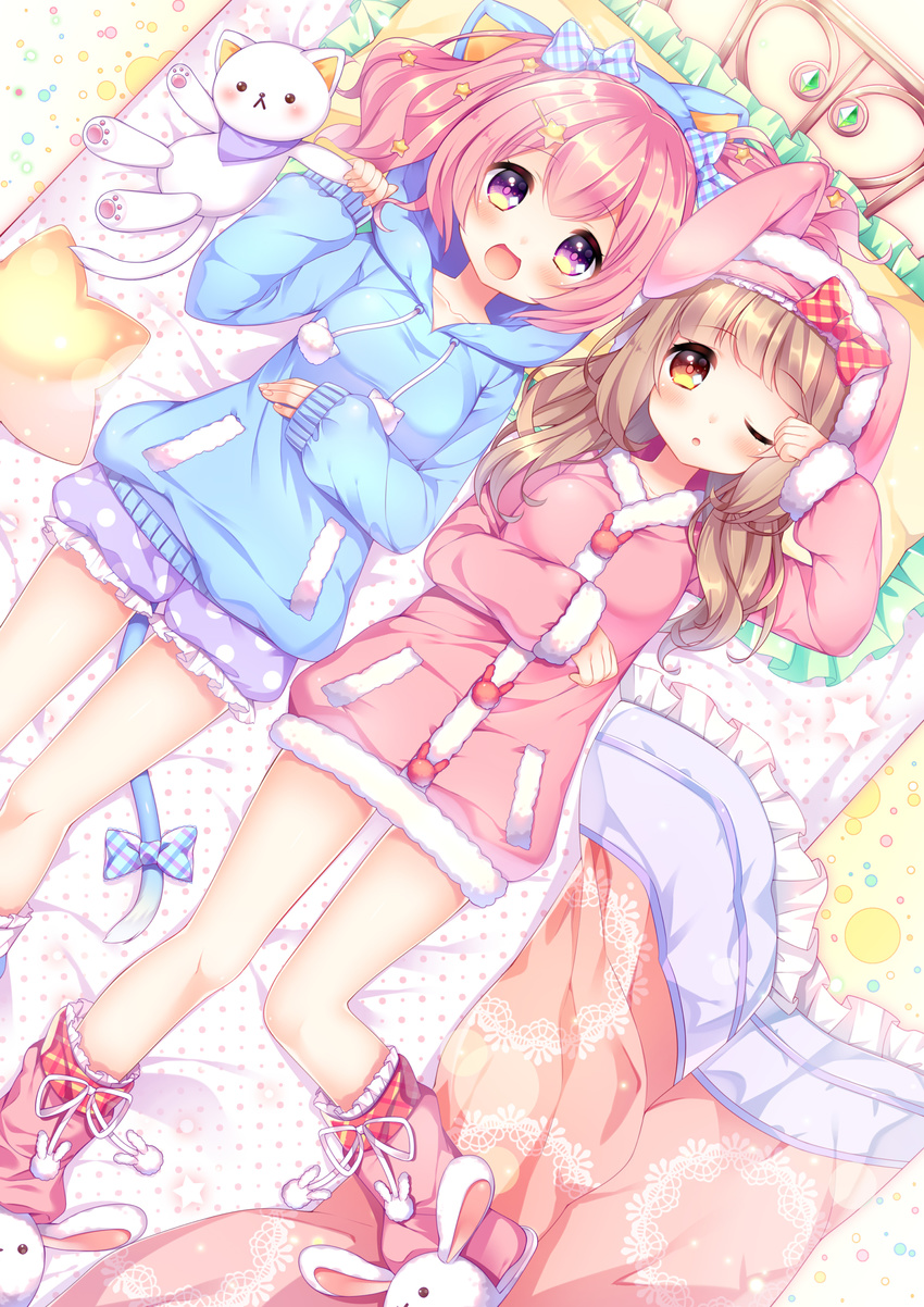 :&lt; :d ;o absurdres animal_ears animal_hood animal_slippers bangs bed_sheet blonde_hair blue_bow blush boots bow breasts bunny_hood bunny_slippers cat_hood cat_tail checkered checkered_bow dress eyebrows_visible_through_hair frilled_pillow frilled_shorts frills from_above hair_between_eyes hair_bow hand_on_own_stomach hand_up highres hood hood_down hood_up hoodie large_breasts looking_at_viewer loungewear lying medium_breasts multiple_girls natsume_asato on_back one_eye_closed open_mouth original parted_lips pillow pink_hair pom_pom_(clothes) puffy_shorts purple_eyes red_bow rubbing_eyes shorts smile stuffed_animal stuffed_cat stuffed_toy sweater sweater_dress tail tail_bow yellow_eyes