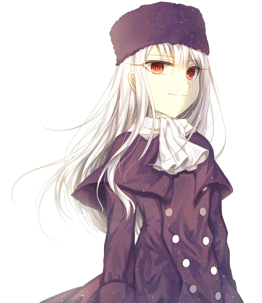 deep_(deep4946) fate/stay_night fate_(series) fur_hat hat highres illyasviel_von_einzbern long_hair purple_hat red_eyes scarf simple_background smirk solo upper_body white_background white_hair white_scarf winter_clothes