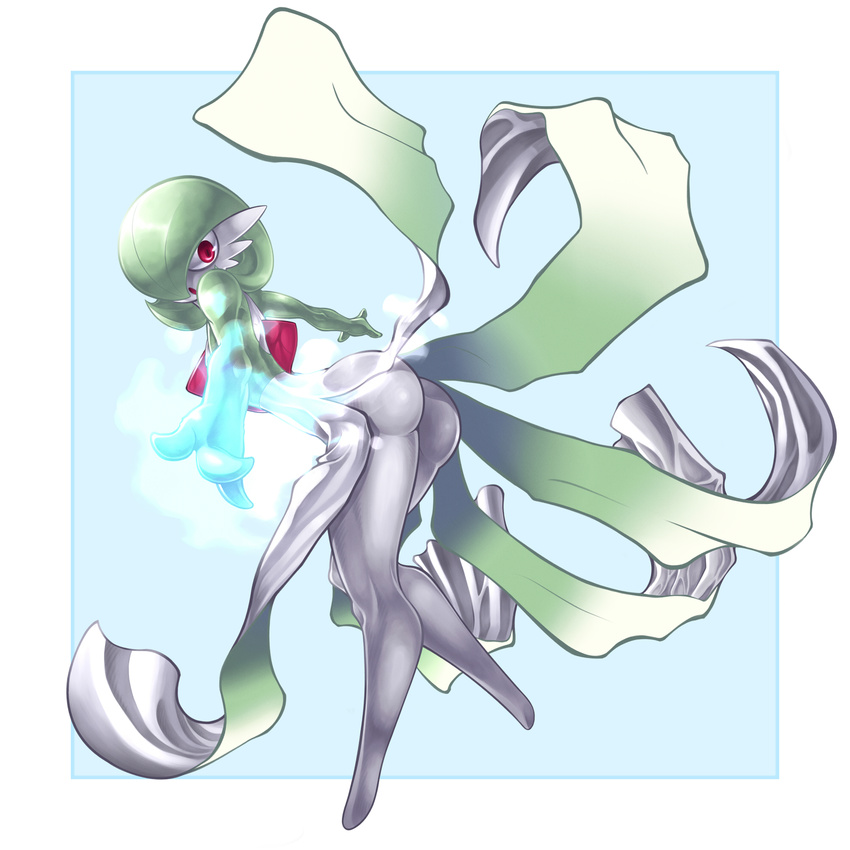 1girl ass dress full_body gardevoir green_hair hair_over_one_eye highres hips impossible_clothes krakenparty legs looking_back no_humans open_mouth pokemon pokemon_(creature) pokemon_(game) red_eyes solo thighs wind_lift