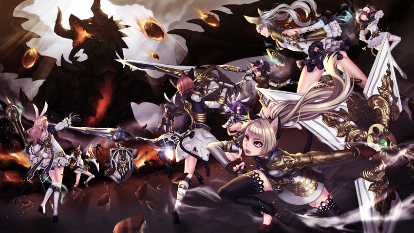 animal_ears arm_up armor artist_request axe bat_wings battle bike_shorts black_hair black_legwear blonde_hair boots bow_(weapon) braid brown_eyes brown_hair bunny_ears bunny_tail cat_ears cat_tail curly_hair dog_ears dog_tail dragon dress dual_wielding elin_(tera) fighting_stance fingerless_gloves fire gloves glowing glowing_eyes head_wings high_heels highres holding horns huge_weapon knee_boots kneehighs lance lion_ears lion_tail long_hair magic meteor monster multiple_girls ninja open_mouth polearm ponytail purple_eyes purple_hair rock shield shoes short_dress short_hair short_twintails shorts shorts_under_skirt shouting shuriken sickle silver_hair staff sword tail tera_online thighhighs twin_braids twintails very_long_hair wand weapon white_dress white_legwear wings