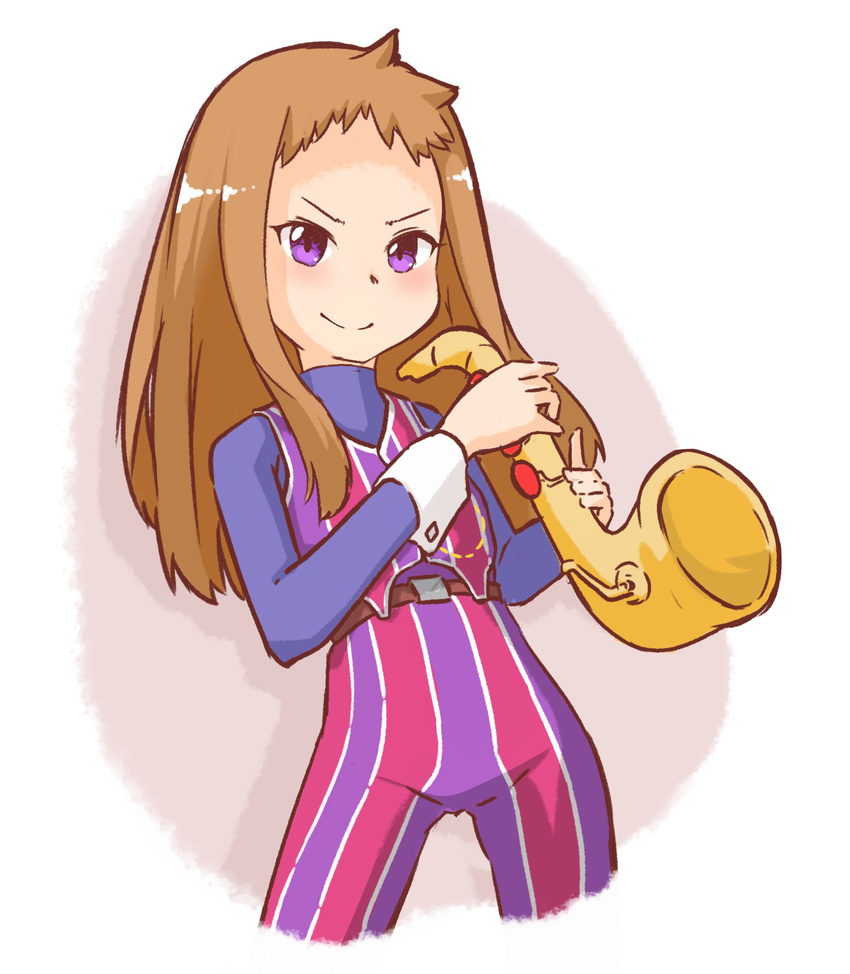 &gt;:) absurdres borisx brown_hair commentary cosplay cowboy_shot highres idolmaster idolmaster_cinderella_girls instrument koseki_reina lazytown long_hair purple_eyes robbie_rotten robbie_rotten_(cosplay) saxophone simple_background smile solo v-shaped_eyebrows vest white_background