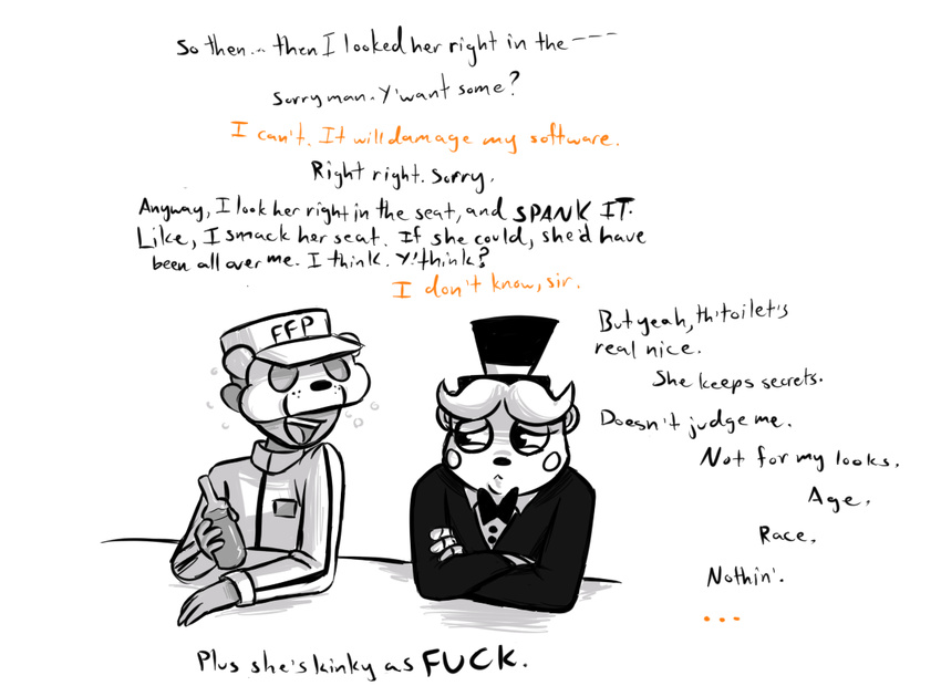 2015 alcohol animatronic anthro bear beer beverage bottle bow_tie clothing crossed_arms dialogue drunk duo english_text five_nights_at_freddy's five_nights_at_freddy's_2 hat human inkyfrog machine male mammal mask restricted_palette robot security_guard simple_background text top_hat toy_freddy_(fnaf) uniform video_games white_background