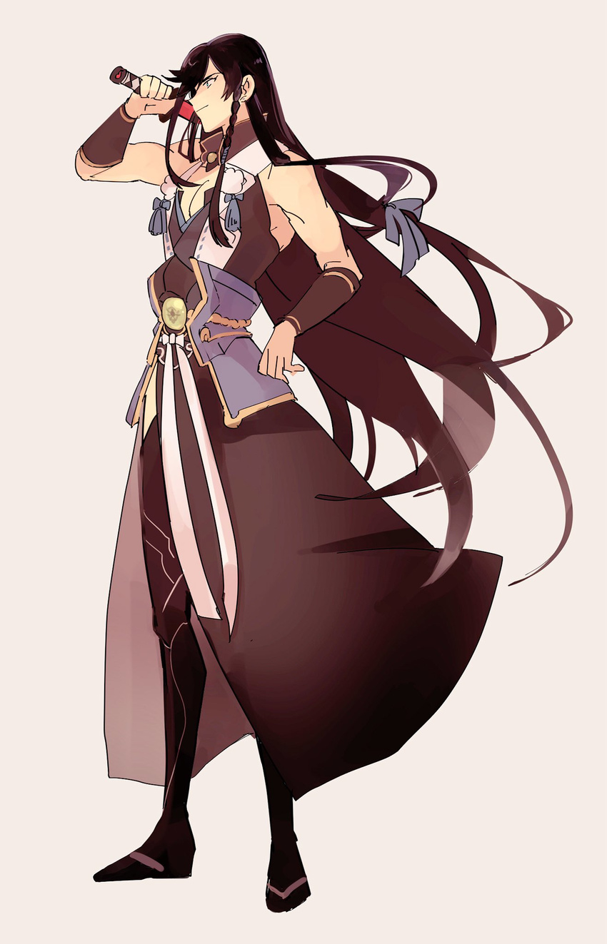 black_hair black_legwear braid commentary_request cosplay full_body geta grey_background highres izumi-no-kami_kanesada japanese_clothes long_hair low_ponytail male_focus natsumaro over_shoulder pelvic_curtain pom_pom_(clothes) ponytail sengo_muramasa_(touken_ranbu) sengo_muramasa_(touken_ranbu)_(cosplay) simple_background single_braid sleeveless smile solo sword sword_over_shoulder tabi thighhighs touken_ranbu very_long_hair weapon weapon_over_shoulder