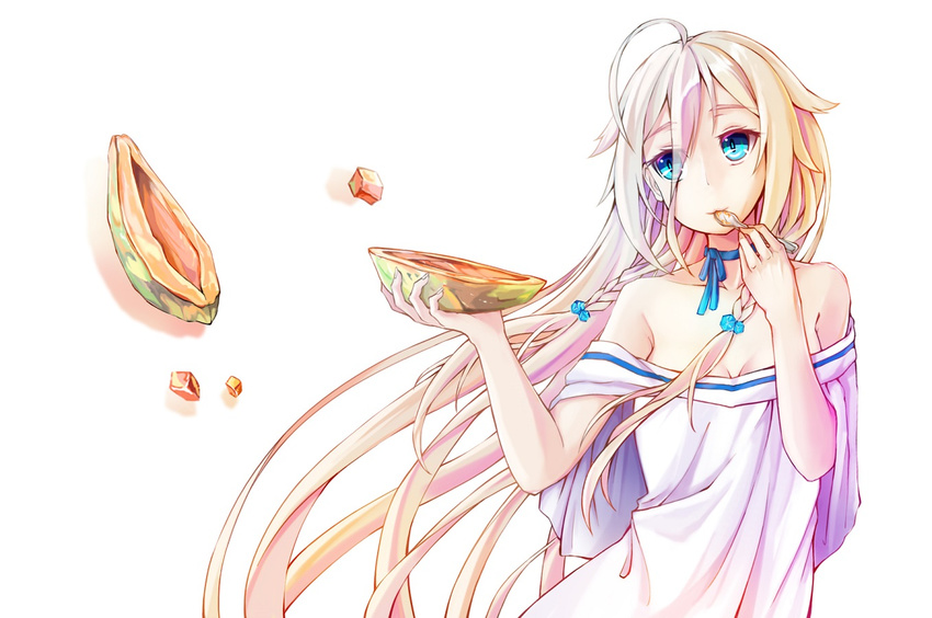ahoge aqua_eyes bare_shoulders blonde_hair blue_ribbon braid breasts cleavage closed_mouth collarbone commentary_request dress dying_(dying0414) eating food fruit hair_between_eyes hair_flaps hands_up holding holding_food holding_fruit holding_spoon ia_(vocaloid) long_hair looking_to_the_side medium_breasts neck_ribbon papaya ribbon simple_background smile solo spoon very_long_hair vocaloid white_background white_dress