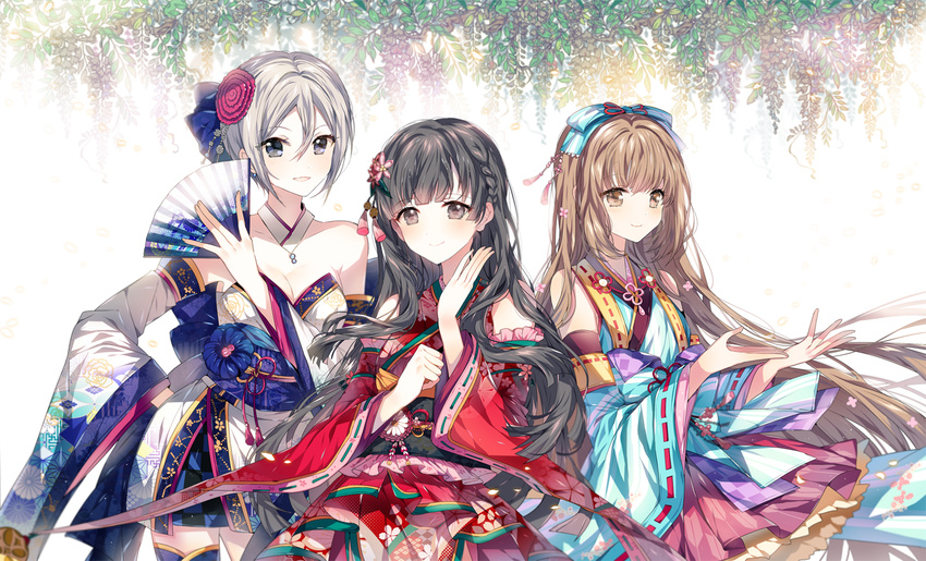 bare_shoulders black_eyes black_hair blush bow braid brown_eyes brown_hair fan flower folding_fan hair_bow hair_flower hair_ornament idolmaster idolmaster_cinderella_girls idolmaster_cinderella_girls_starlight_stage japanese_clothes kimono kobayakawa_sae long_hair looking_at_viewer md5_mismatch multiple_girls nennen ponytail shiomi_shuuko short_hair silver_hair smile very_long_hair yorita_yoshino