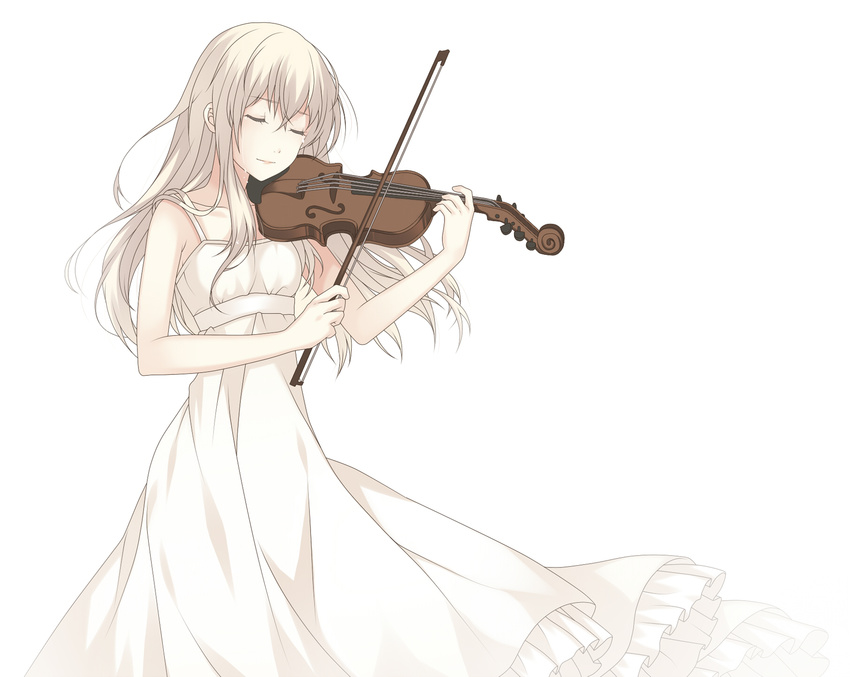 bad_id bad_pixiv_id closed_eyes collarbone dress highres instrument long_hair miyazono_kawori music playing_instrument shigatsu_wa_kimi_no_uso silver_hair simple_background solo sundress tears verjuice violin white_background white_dress