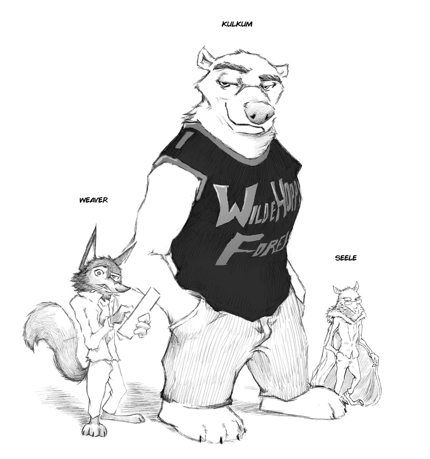 2016 anthro barefoot bat bear black_and_white canine clothed clothing disney english_text eyewear fan_character glasses group hands_in_pockets looking_at_viewer male mammal monochrome polar_bear simple_background smile standing text thewyvernsweaver white_background wolf zootopia