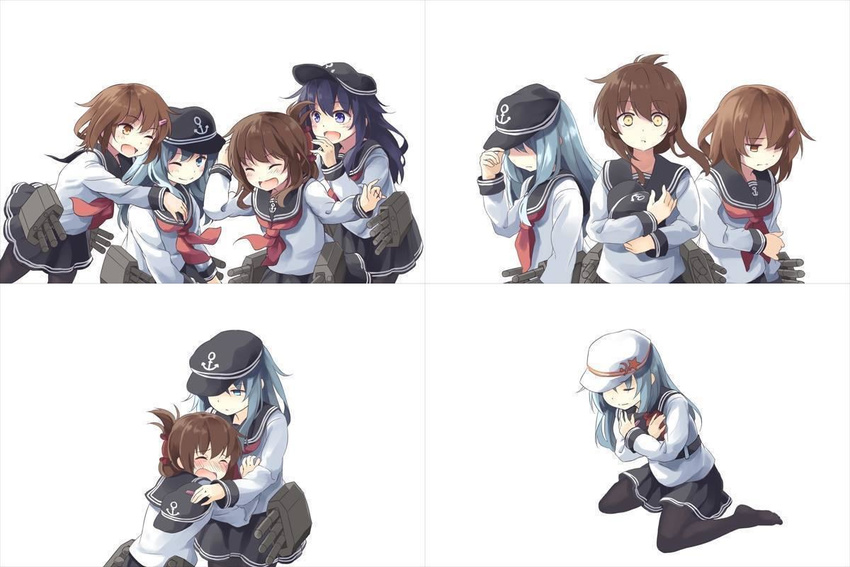 akatsuki_(kantai_collection) black_legwear blue_eyes blush brown_eyes brown_hair closed_eyes collage covering_eyes crying flat_cap grey_hair hat hibiki_(kantai_collection) hug ikazuchi_(kantai_collection) inazuma_(kantai_collection) kantai_collection multiple_girls niichi_(komorebi-palette) one_eye_closed open_mouth pantyhose purple_eyes purple_hair sad school_uniform serafuku source_request verniy_(kantai_collection) white_hair worried yellow_eyes