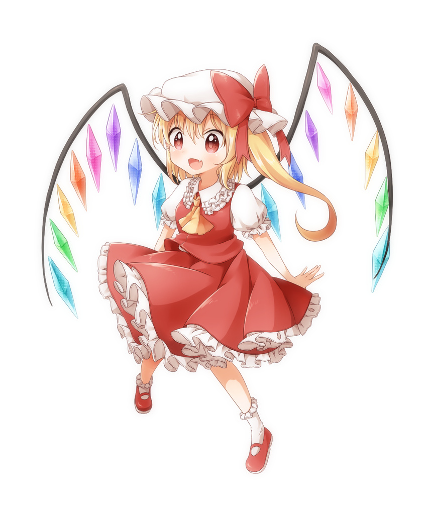 ascot blonde_hair commentary_request crystal flandre_scarlet frilled_legwear frilled_shirt_collar frilled_skirt frilled_sleeves frills full_body hat hat_ribbon highres mary_janes mob_cap open_mouth puffy_short_sleeves puffy_sleeves red_eyes red_footwear red_ribbon red_skirt red_vest ribbon shoes short_sleeves side_ponytail skirt solo touhou vest white_background white_legwear wings yamisaki_(ymsk_xx)