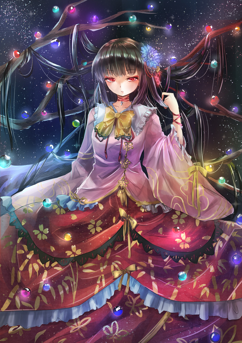 bangs black_hair blunt_bangs bow bowtie branch choker cowboy_shot dress embellished_costume highres houraisan_kaguya jeweled_branch_of_hourai layered_skirt long_hair long_skirt long_sleeves looking_at_viewer night night_sky parted_lips princess red_eyes red_skirt ribbon_choker shironeko_yuuki skirt sky solo star_(sky) starry_sky touhou very_long_hair wide_sleeves yellow_bow yellow_neckwear